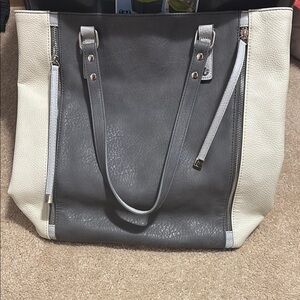 Gray and Cream Two-Tone Tote Bag with Zip Accents